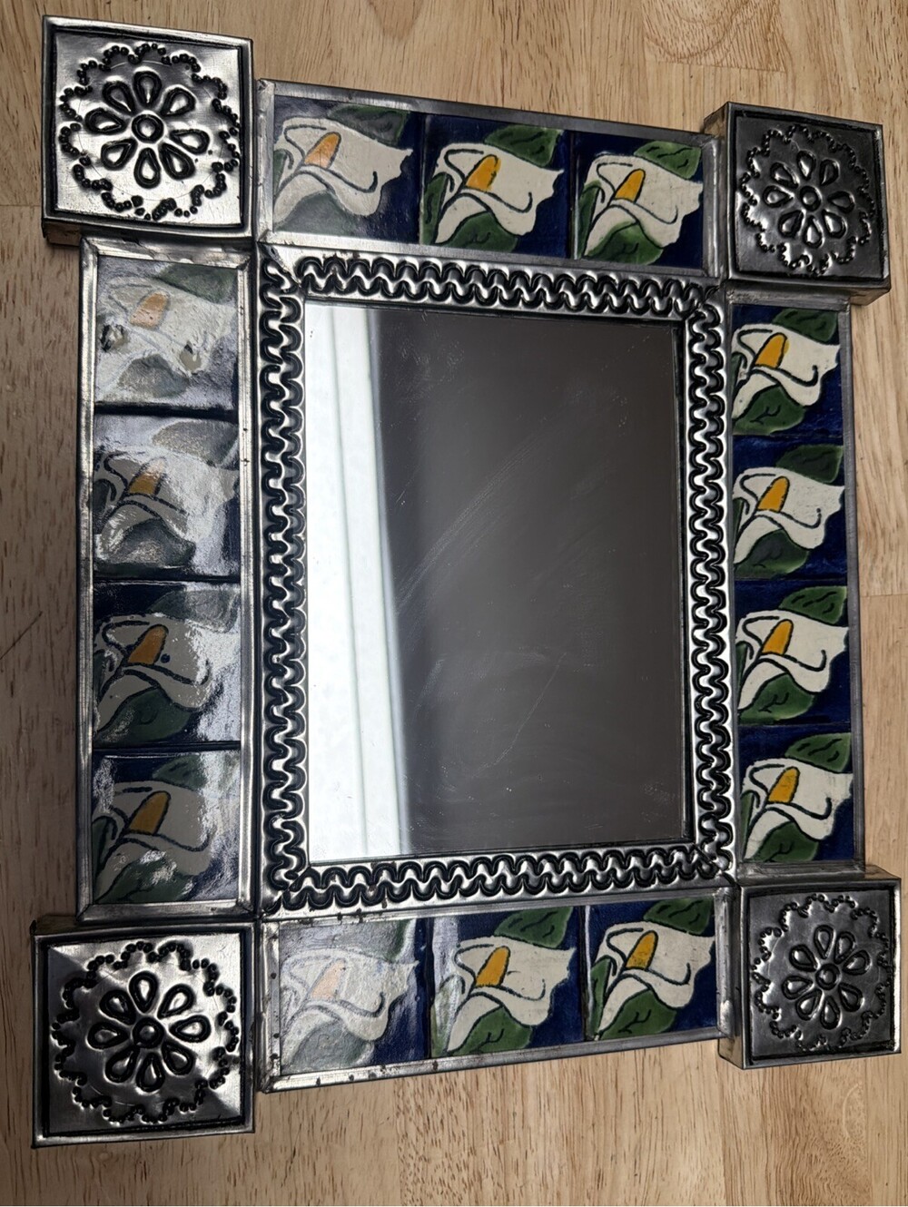 VTG Mexican Mirror Calla Lilies Silver Tin Blue Tile 12.75”X 10.75”